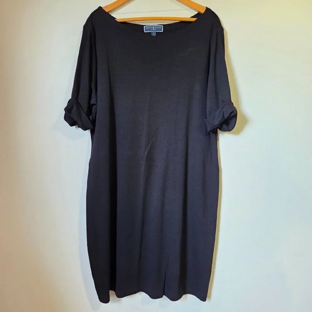 LIKE NEW KAREN SCOTT BLACK BOATNECK CUFFED SLEEVES COTTON MINIMALIST DRESS XL